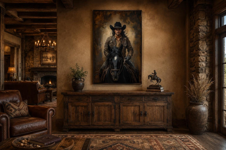 Moody portrait of a cowboy riding a black horse in warm golden light, western canvas wall art.