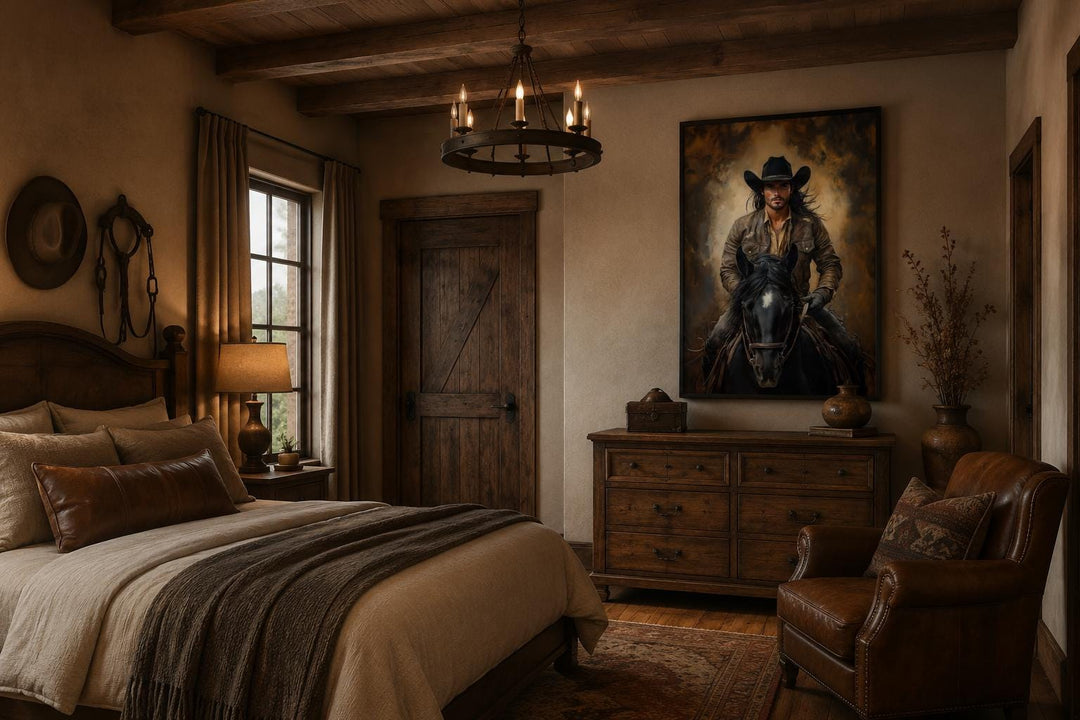 Moody cowboy portrait on a black horse, canvas wall art in a rustic western bedroom.