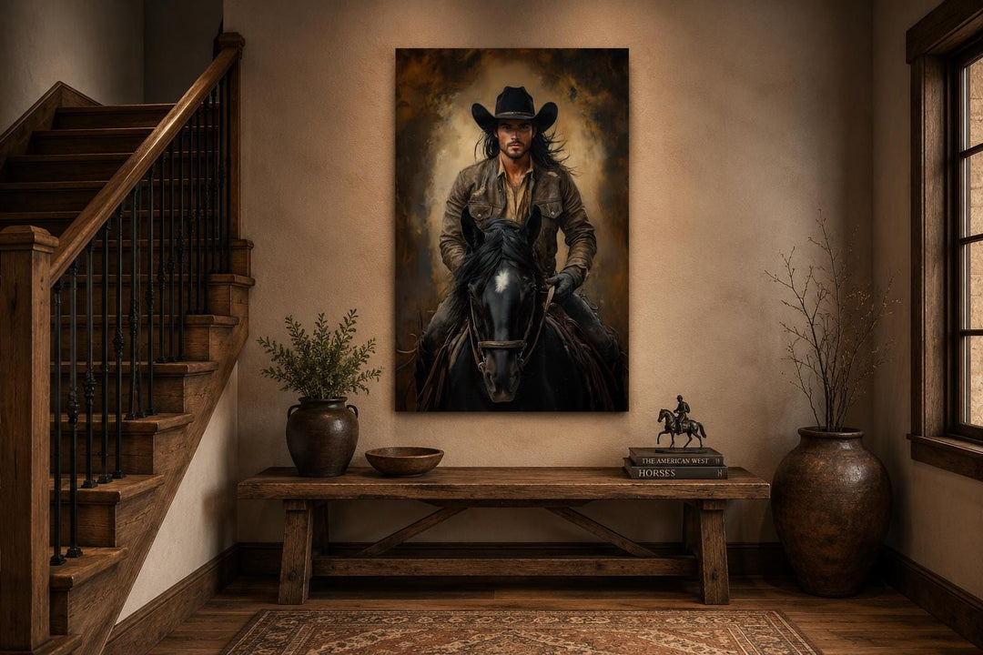 Moody cowboy portrait on canvas, riding a black horse in warm golden light, western wall art.
