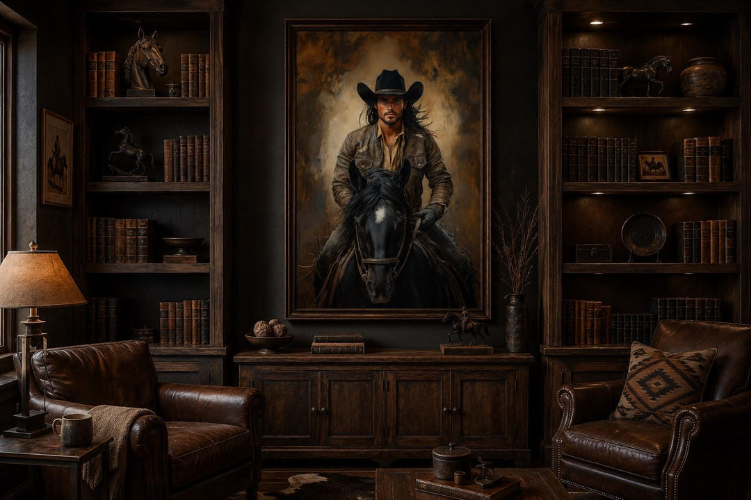 Moody cowboy portrait on a black horse, framed western wall art in a dark wood library setting.