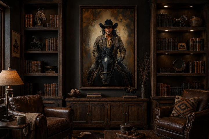 Moody cowboy portrait on a black horse, framed western wall art in a dark wood library setting.