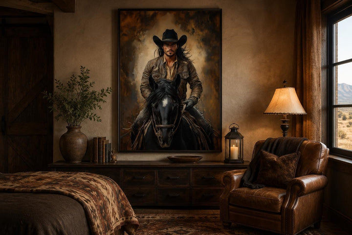 Moody canvas wall art of a cowboy on a black horse in warm golden light above a wooden dresser.