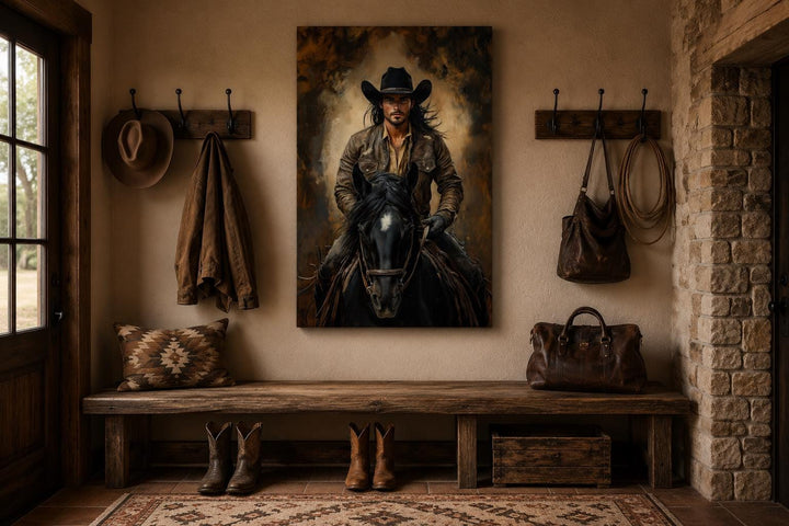 Canvas print of a cowboy on a black horse in golden light, hung in a rustic entryway.