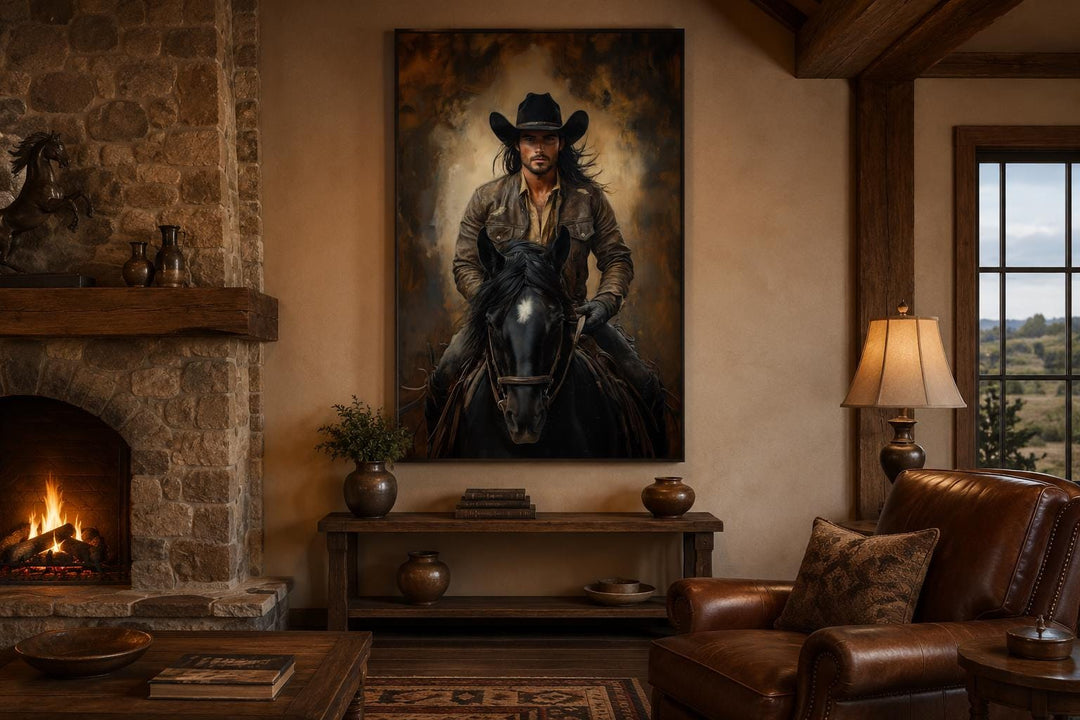 Moody canvas wall art of a cowboy riding a black horse in a rustic living room with a fireplace.