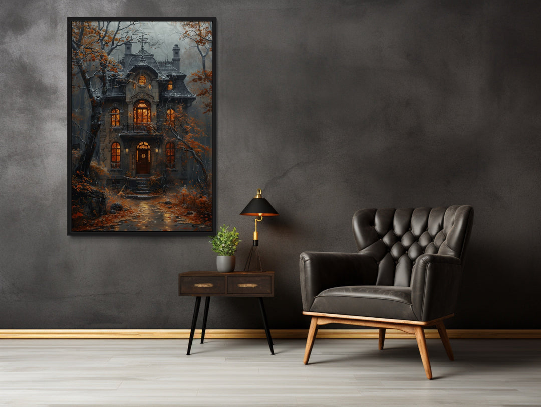 Moody Victorian House In Autumn under Rain Framed Canvas Wall Art