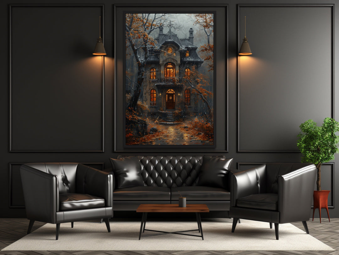 Moody Victorian House In Autumn under Rain Framed Canvas Wall Art