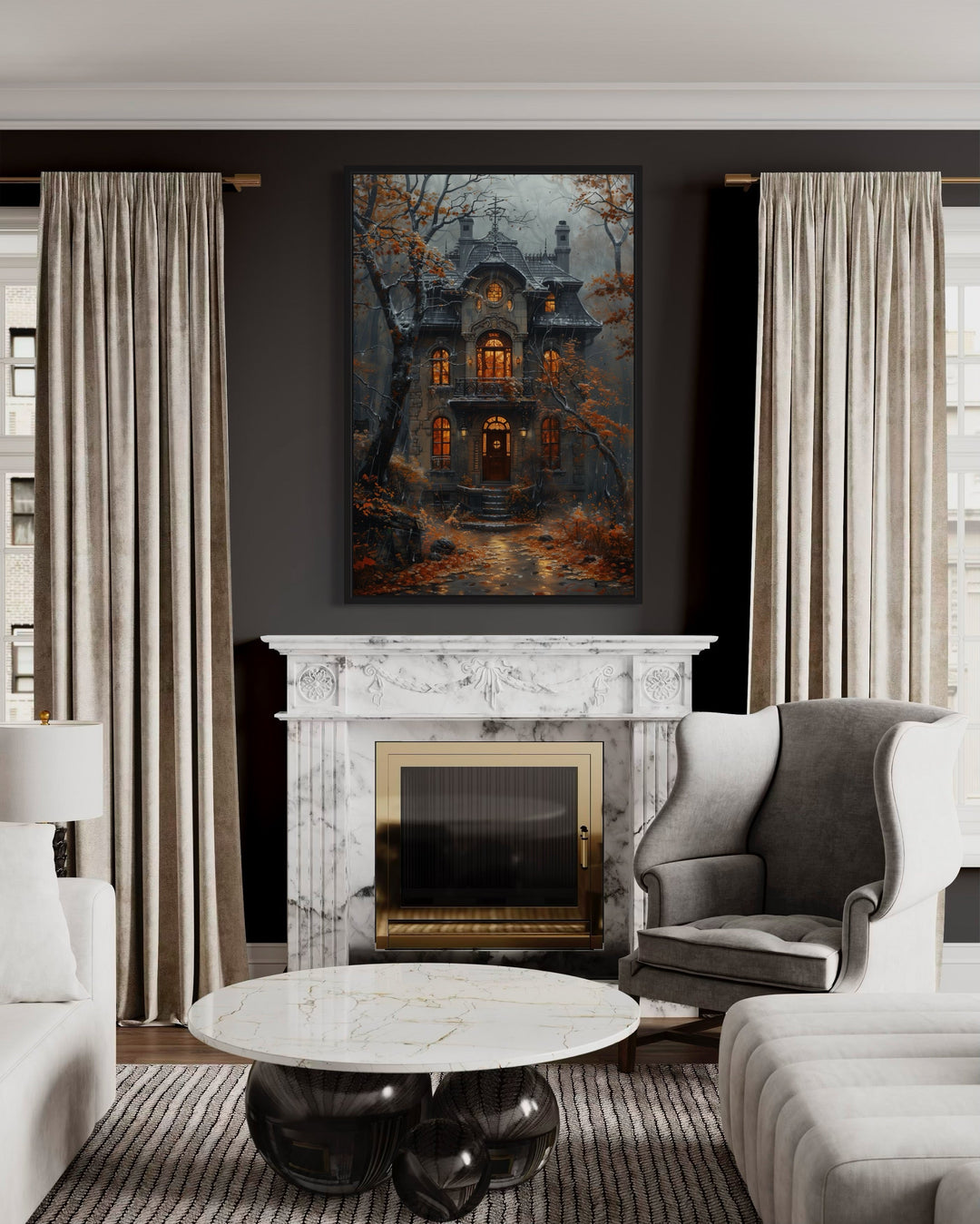 Moody Victorian House In Autumn under Rain Framed Canvas Wall Art hanging above a marble fireplace.