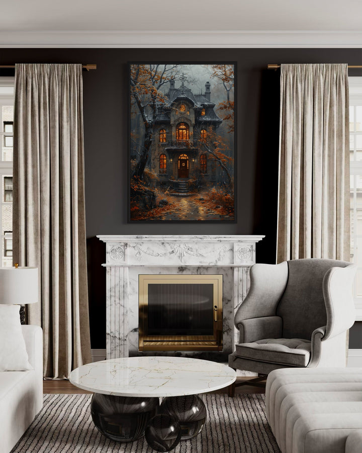 Moody Victorian House In Autumn under Rain Framed Canvas Wall Art hanging above a marble fireplace.