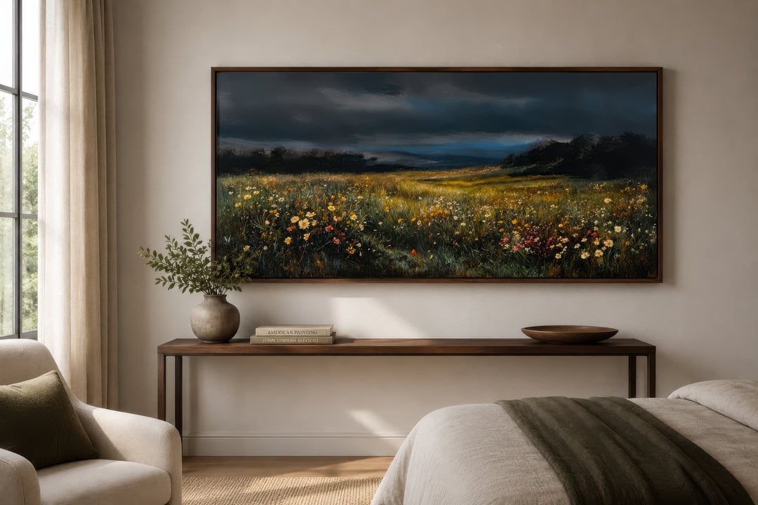 Moody wildflowers meadow at night canvas wall art in a dark floral landscape style.