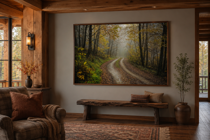 Moody foggy autumn forest framed canvas wall art showing a misty path through yellow trees.