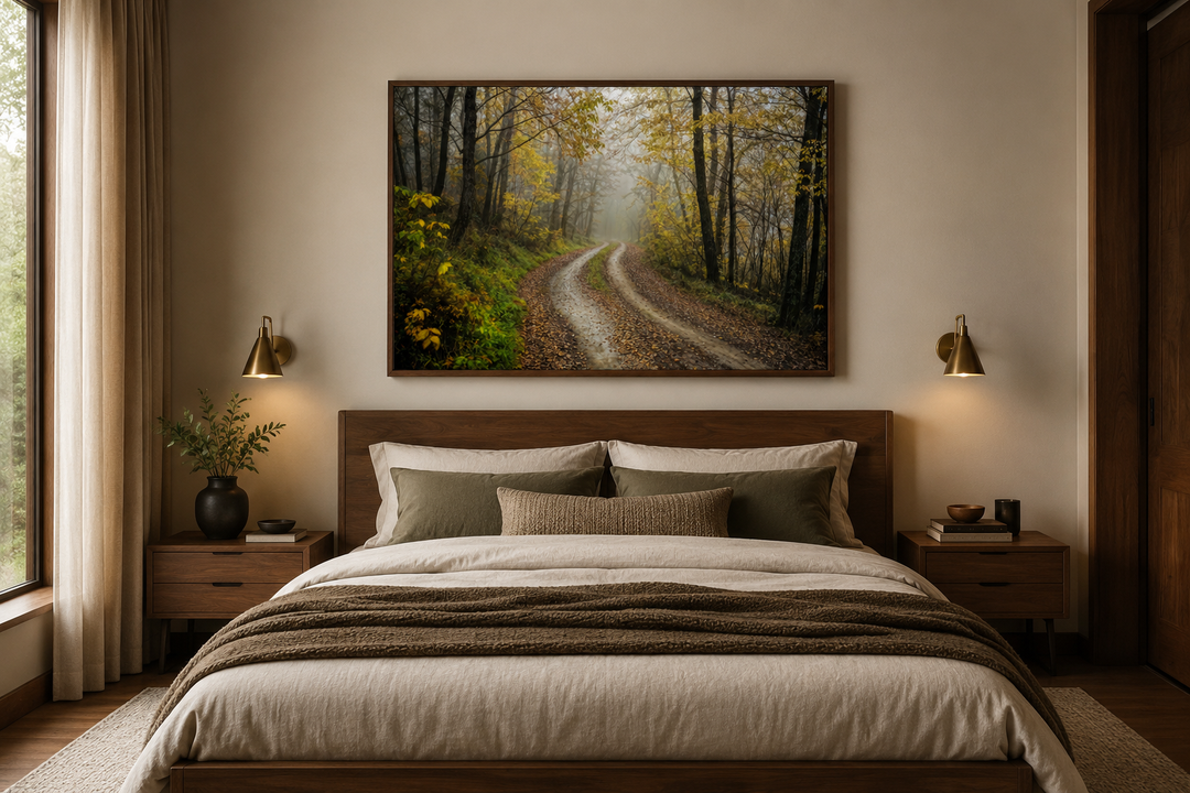 Moody foggy autumn forest framed canvas wall art hanging above a bed in a modern bedroom.