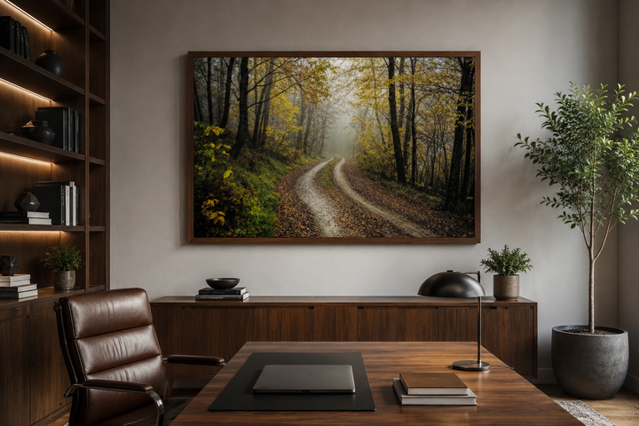 Moody foggy autumn forest framed canvas wall art hanging above a desk in a home office.