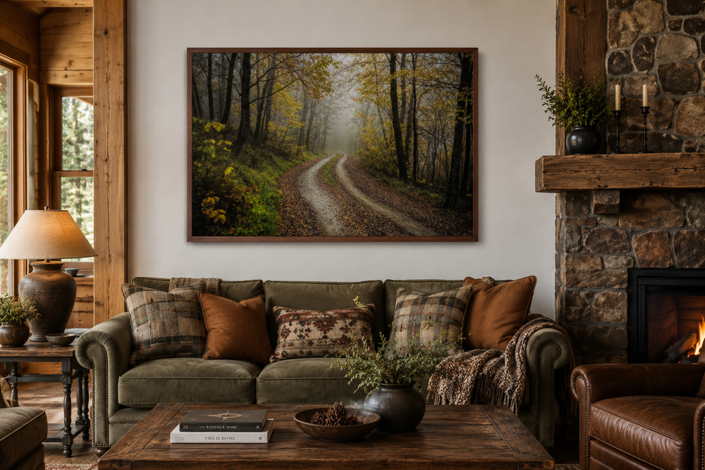 Moody foggy autumn forest framed canvas wall art hanging above a green sofa in a rustic living room.