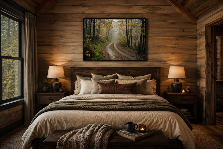 Moody Foggy Autumn Forest framed canvas wall art hanging above a bed in a rustic wood-paneled room.