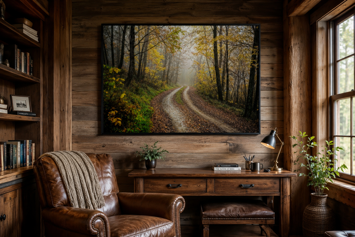 Moody foggy autumn forest framed canvas wall art hanging in a rustic wood-paneled study.