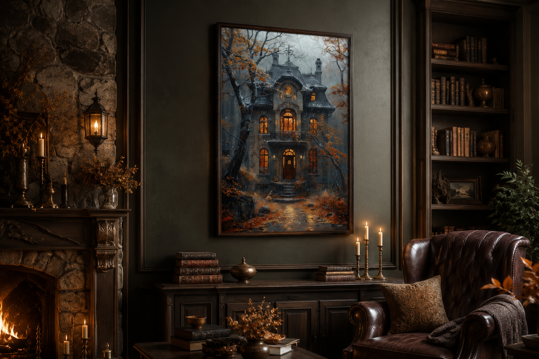 Moody Victorian house in autumn rain framed canvas wall art hanging in a dark academia study.