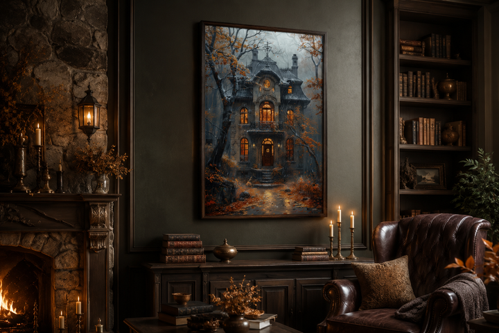 Moody Victorian house in autumn rain framed canvas wall art hanging in a dark academia study.