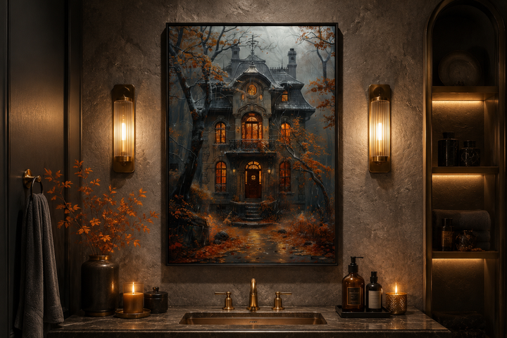 Framed canvas art of a moody Victorian house in autumn rain, hanging above a dark bathroom vanity.