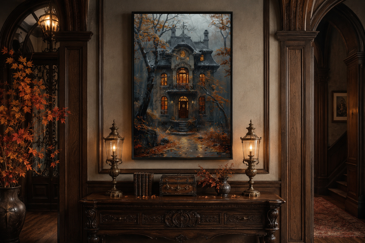 Framed canvas art of a moody Victorian house in autumn rain, displayed above a dark wood sideboard.