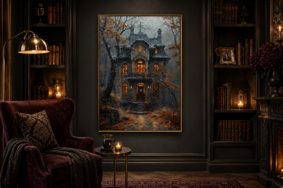 Framed canvas wall art of a moody Victorian house in autumn rain, displayed in a dark library.