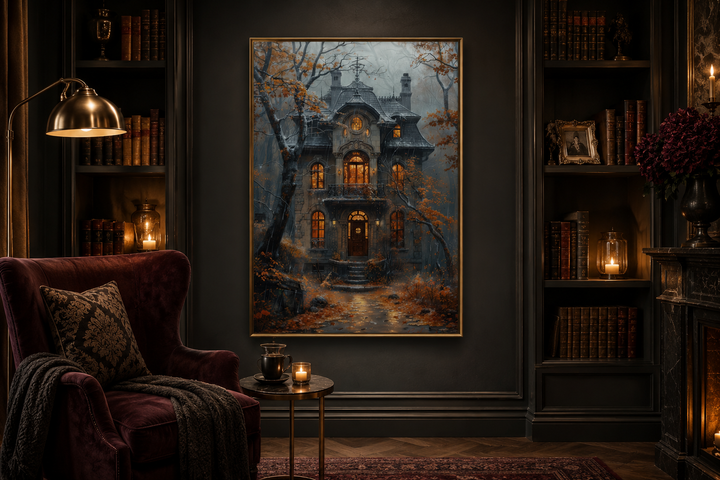 Framed canvas wall art of a moody Victorian house in autumn rain, displayed in a dark library.