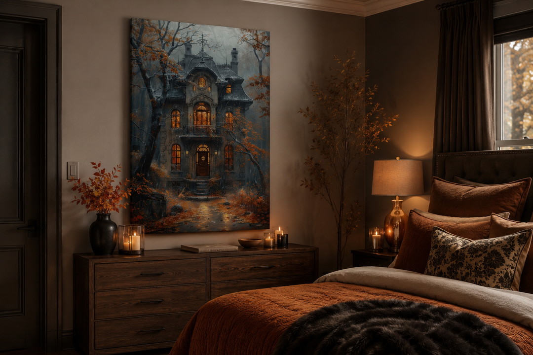 Moody Victorian house canvas art in a dark academia bedroom with autumn decor and warm lighting.