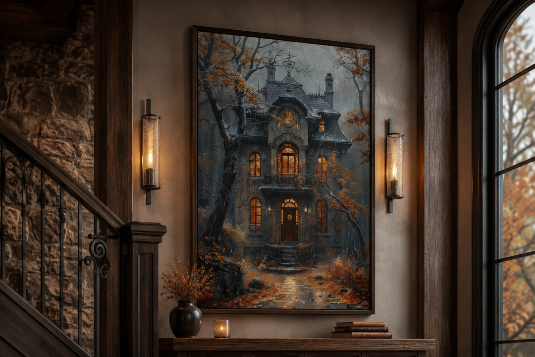 Framed canvas art of a moody Victorian house in autumn rain, hanging on a wall between two sconces.