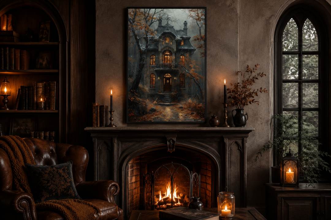 Framed canvas art of a moody Victorian house in autumn rain hanging above a cozy fireplace.