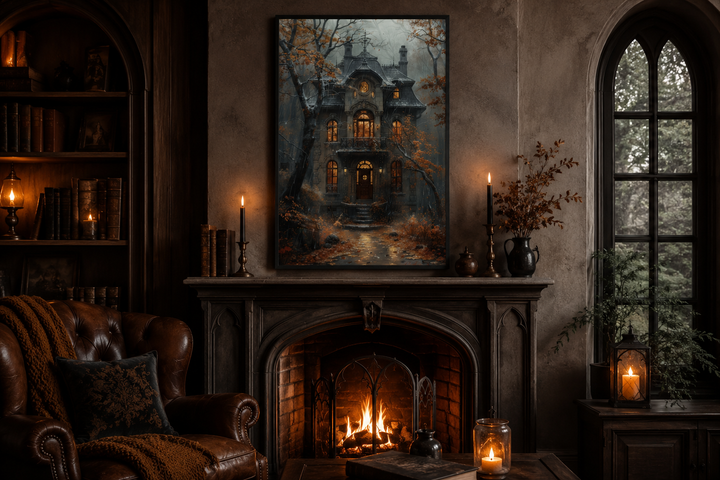 Framed canvas art of a moody Victorian house in autumn rain hanging above a cozy fireplace.