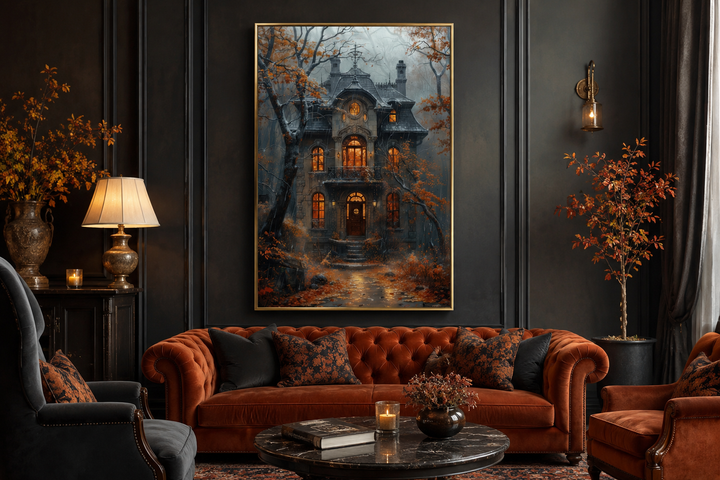 Framed canvas art of a moody Victorian house in autumn rain, hung above a burnt orange velvet sofa.