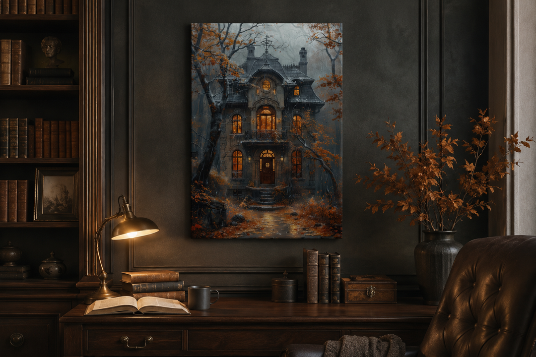 Moody Victorian house in autumn rain framed canvas wall art hanging in a dark academia study.