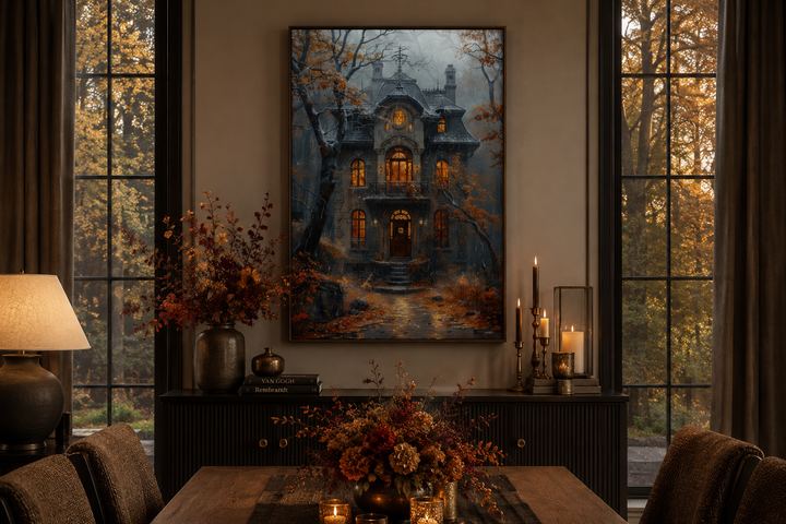 Framed canvas wall art of a moody Victorian house in autumn rain, displayed in a dark dining room.