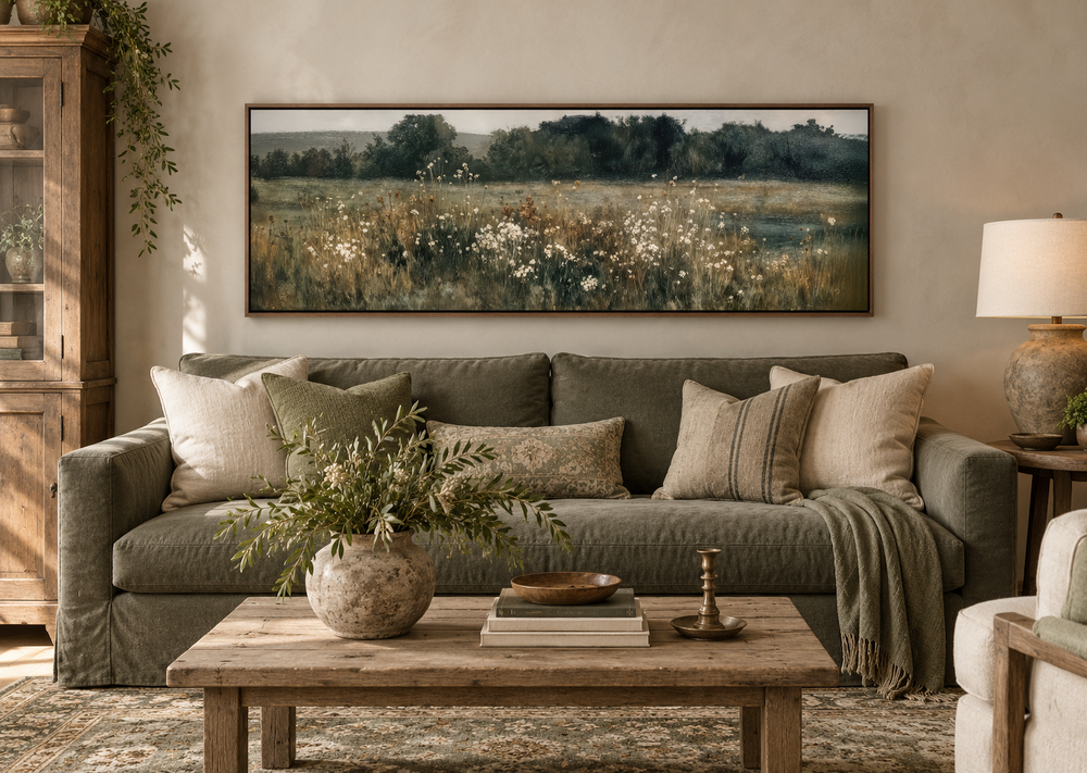 Moody Wildflowers Field long narrow horizontal wall decor above a green sofa in a rustic room.