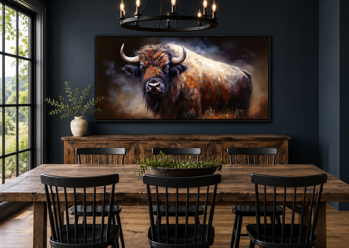 Extra large framed canvas print of an American buffalo in a rustic dining room setting.