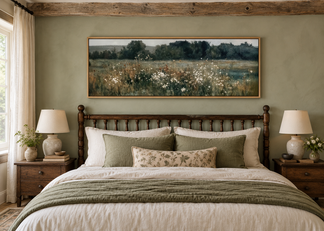Moody wildflower field painting in a long narrow frame above a bed in a rustic bedroom.