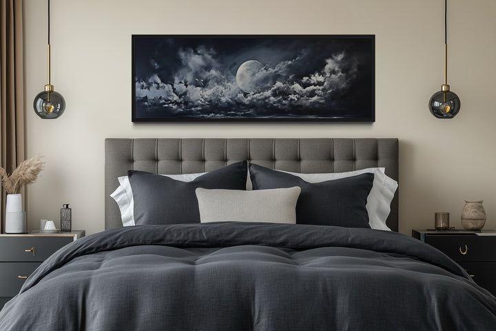 Moon And Cloudy Sky Horizontal Framed Canvas Wall Art