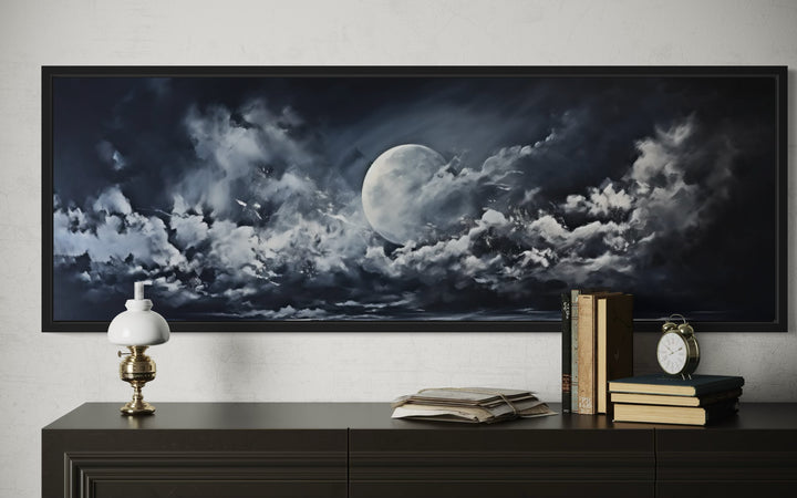 Moon And Cloudy Sky Horizontal Framed Canvas Wall Art
