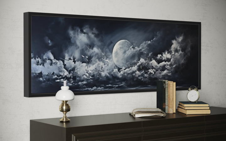 Moon And Cloudy Sky Horizontal Framed Canvas Wall Art