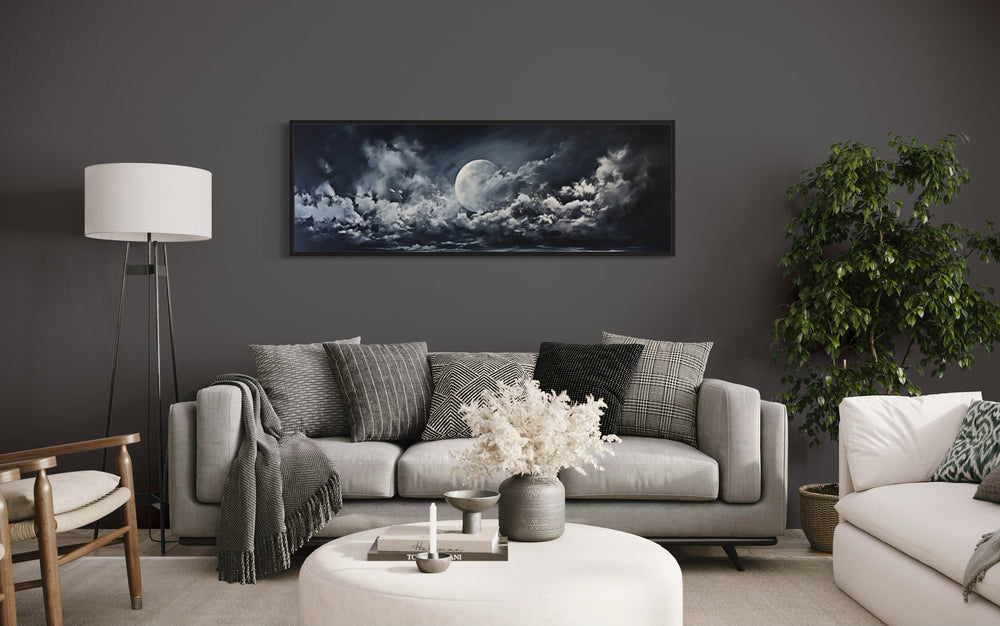 Moon And Cloudy Sky Horizontal Framed Canvas Wall Art