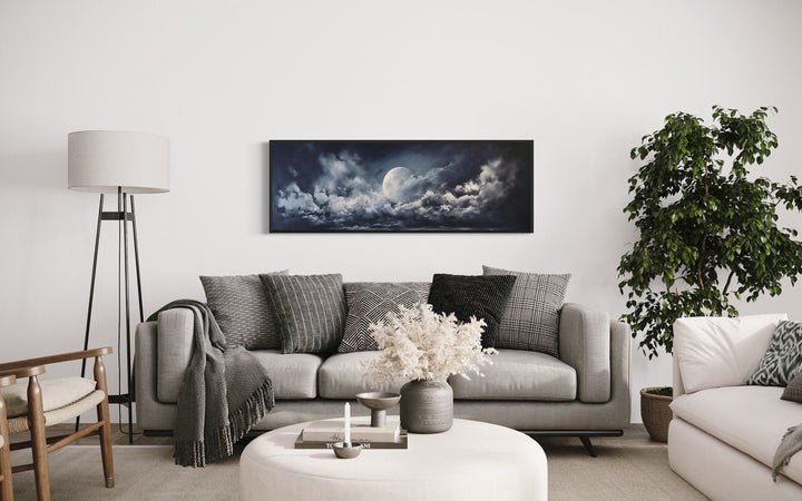 Moon And Cloudy Sky Horizontal Framed Canvas Wall Art