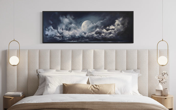 Moon And Cloudy Sky Horizontal Framed Canvas Wall Art