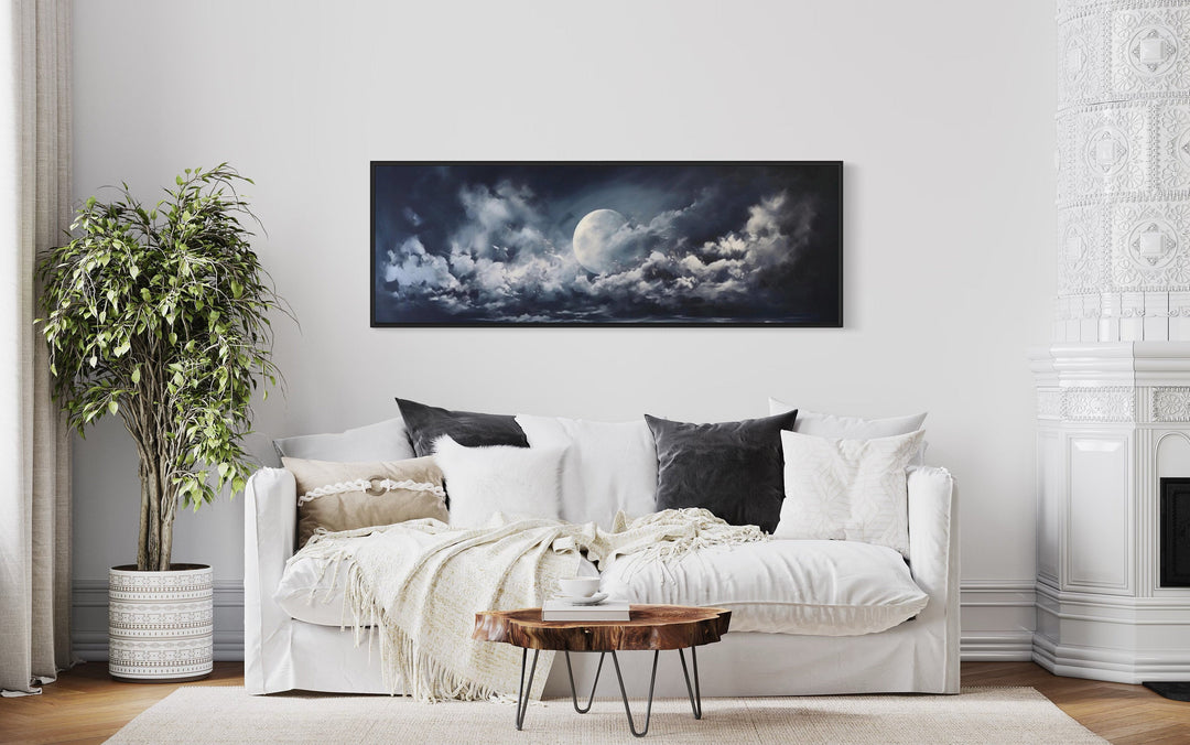 Moon And Cloudy Sky Horizontal Framed Canvas Wall Art