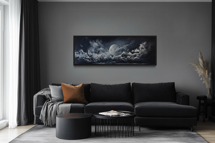 Moon And Cloudy Sky Horizontal Framed Canvas Wall Art