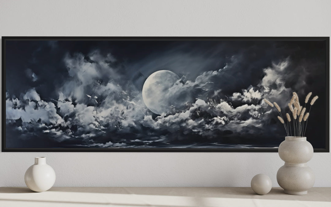 Moon And Cloudy Sky Horizontal Framed Canvas Wall Art