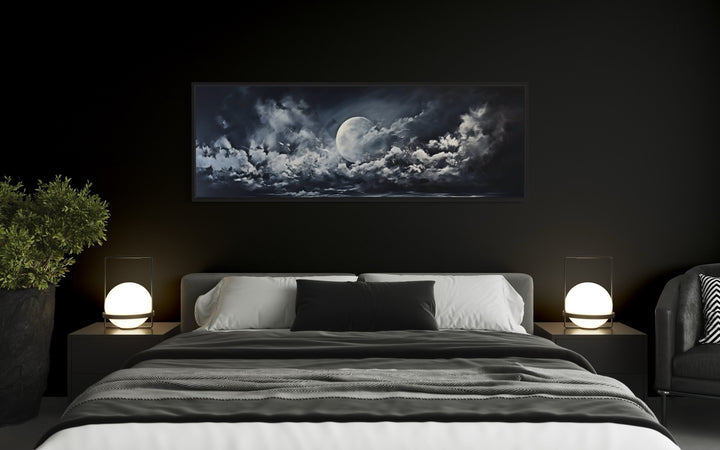 Moon And Cloudy Sky Horizontal Framed Canvas Wall Art