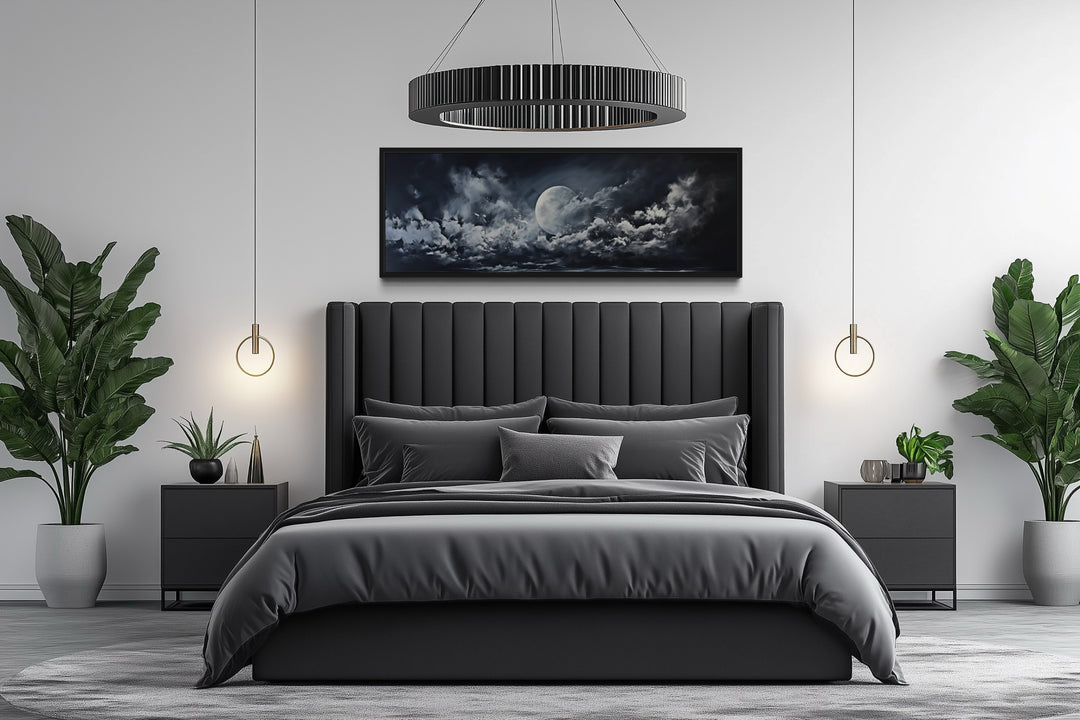 Moon And Cloudy Sky Horizontal Framed Canvas Wall Art