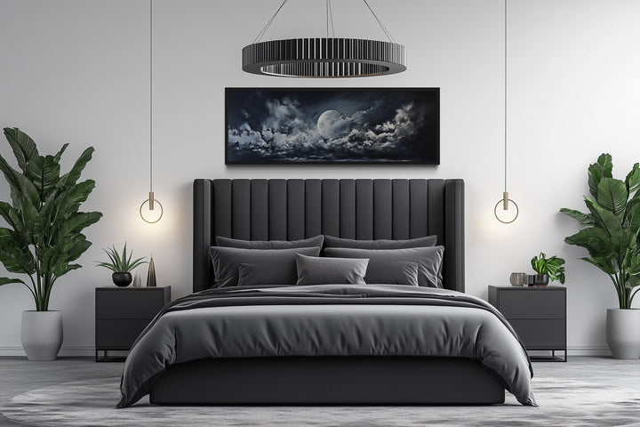 Moon And Cloudy Sky Horizontal Framed Canvas Wall Art