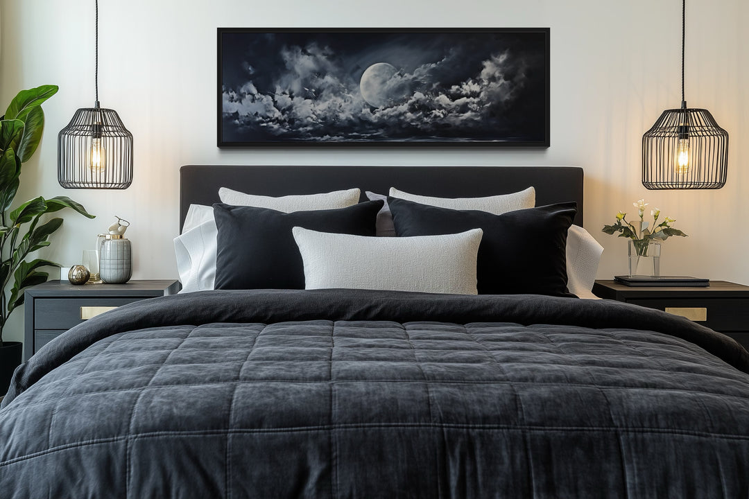 Moon And Cloudy Sky Horizontal Framed Canvas Wall Art