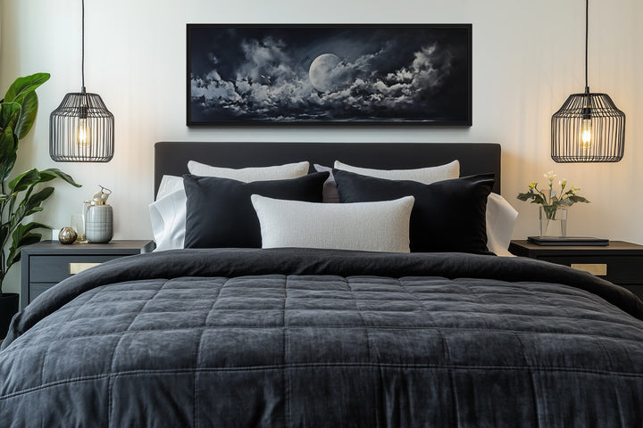 Moon And Cloudy Sky Horizontal Framed Canvas Wall Art