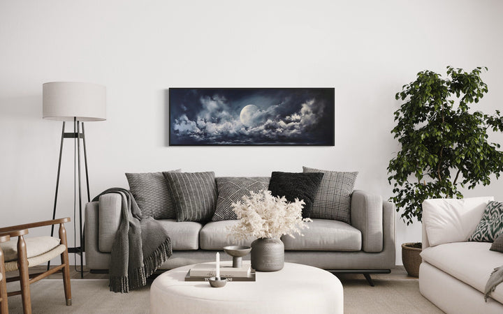 Moon And Cloudy Sky Horizontal Framed Canvas Wall Art